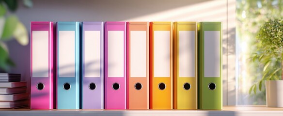The vibrant collection of office folders neatly arranged on a shelf.