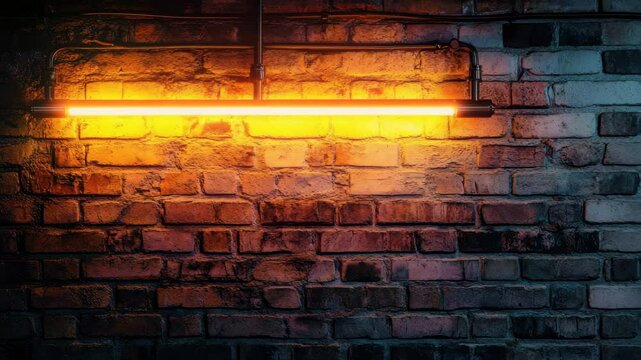 Neon orange light glowing dark brick wall creating warm moody atmosphere with industrial style textured surface urban setting glowing orange neon light mounted textured brick wall creates warm moody