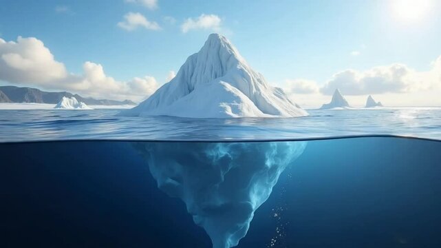 An iceberg in the sea seen at water level. 