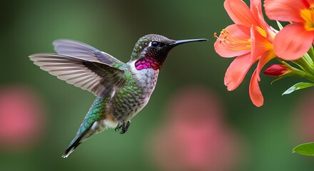Ruby-Throated Hummingbird and Flower A Delicate Dance in Nature's Embrace of pollination on Vibrant Flower