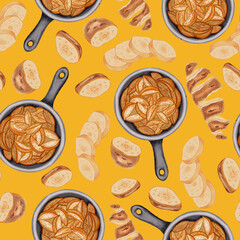 Watercolor seamless pattern with fried potatoes in a frying pan and raw sliced ​​potatoes. Vegetables. Watercolor food drawing. Hand drawn farm food design for packaging, fabric, kitchen decor.
