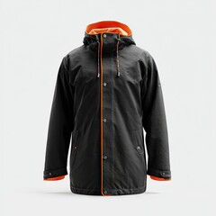 Black parka with orange lining, drawstring hood, and snap button front. Long sleeves, hip-length