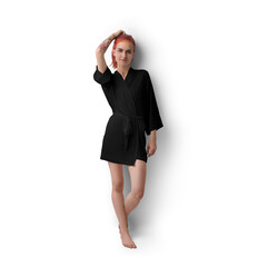 Mockup of a black short silk robe with a belt on a red-haired girl, png, front view