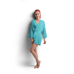Mockup of light blue short silk robe with belt on red-haired girl, png, side view
