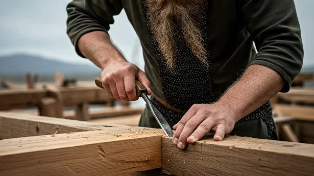 Viking craftsman's hands carving wood with chisel on large beam for ship building