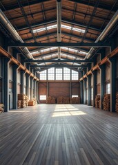 Large open industrial interior space with wooden flooring exposed pipes and stacks of wood ideal for commercial use or renovation Empty room interior design architecture blank design room stri