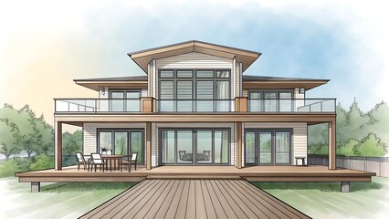 Modern architectural rendering of a two story contemporary home with a spacious wooden deck and balconies overlooking a grassy yard