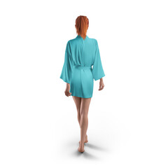 Mockup of light blue short silk robe with belt on red-haired girl, png, back view