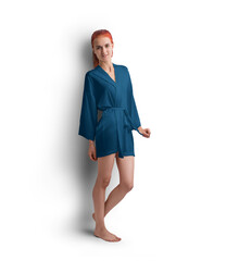 Mockup of dark blue short silk robe with belt on red-haired girl, png, side view
