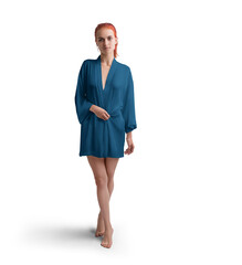 Mockup of dark blue short silk robe on red-haired girl, png, front view
