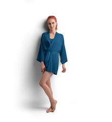 Mockup of dark blue short silk robe with belt on red-haired girl, png, side view