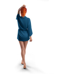 Mockup of dark blue short silk robe with belt on red-haired girl, png, back view