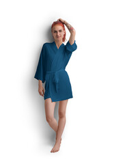 Mockup of dark blue short silk robe with belt on red-haired girl, png, front view