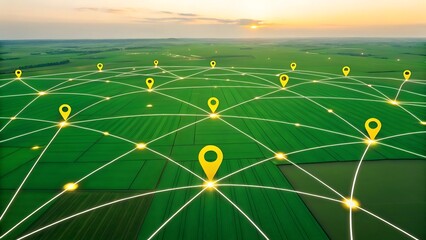 Aerial view of a vast green agricultural field with a digital network of glowing location pins and connecting lines at sunset