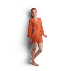 Mockup of orange short silk robe with belt on red-haired girl, png, side view