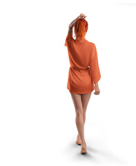 Mockup of orange short silk robe with belt on red-haired girl, png, back view