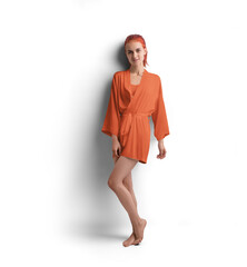 Mockup of orange short silk robe with belt on red-haired girl, png, side view