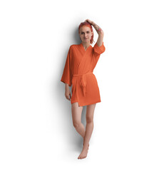 Mockup of orange short silk robe with belt on red-haired girl, png, front view
