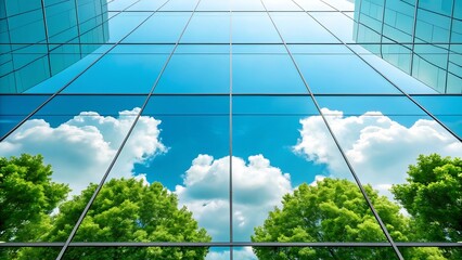 Modern glass skyscraper facade reflecting a bright blue sky with fluffy white clouds and lush green trees below