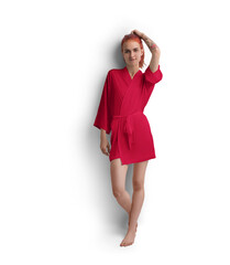 Mockup of red short silk robe with belt on red-haired girl, png, front view