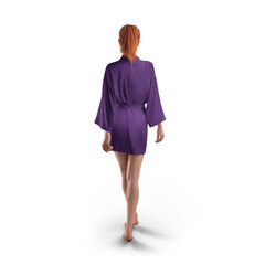 Mockup of violet short silk robe with belt on red-haired girl, png, back view