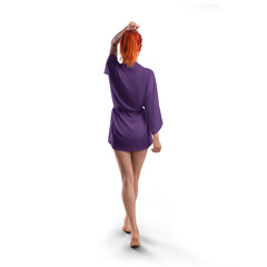 Mockup of violet short silk robe with belt on red-haired girl, png, back view
