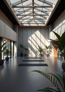 Modern luxury boutique fitness studio for yoga and pilates with plants Empty room interior design architecture blank design room striking structures clean lines geometric shapes dramatic angle