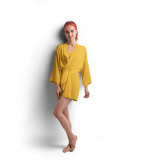 Mockup of yellow short silk robe with belt on red-haired girl, png, side view