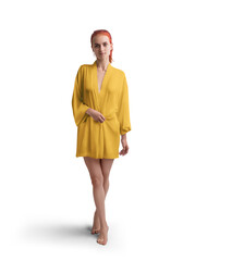 Mockup of yellow short silk robe on red-haired girl, png, front view