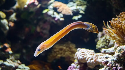 Orange-colored eel swimming in an aquarium.