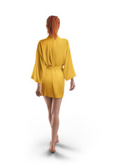 Mockup of yellow short silk robe with belt on red-haired girl, png, back view