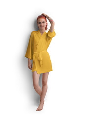 Mockup of yellow short silk robe with belt on red-haired girl, png, front view