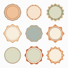 A charming collection of nine vintage-inspired circular labels and badges in soft, muted earth tones, perfect for product packaging, web seals, or craft projects.
