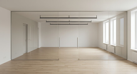 Fototapeta premium A bright, empty minimalist room with wood floors, white walls, and mirrors. A modern, open space perfect for a dance studio, gallery, or loft. 