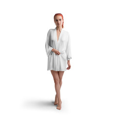 Mockup of white short silk robe on red-haired girl, png, front view