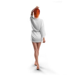 Mockup of white short silk robe with belt on red-haired girl, png, back view