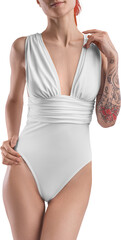 Mockup white one piece swimsuit on redhead girl, png, front view