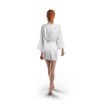 Mockup of white short silk robe with belt on red-haired girl, png, back view