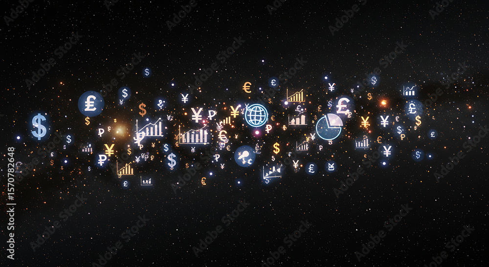 Poster a vast array of glowing financial and business icons floating in dark space. global finance, fintech