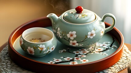 Fototapeta premium Elegant tea set with delicate cherry blossom design.