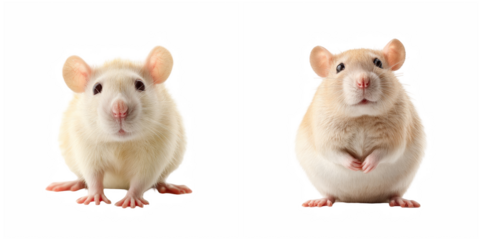 Two adorable light colored fancy rats standing side by side on a black background