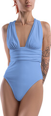 Mockup of blue one piece swimsuit on red haired girl, png, front view