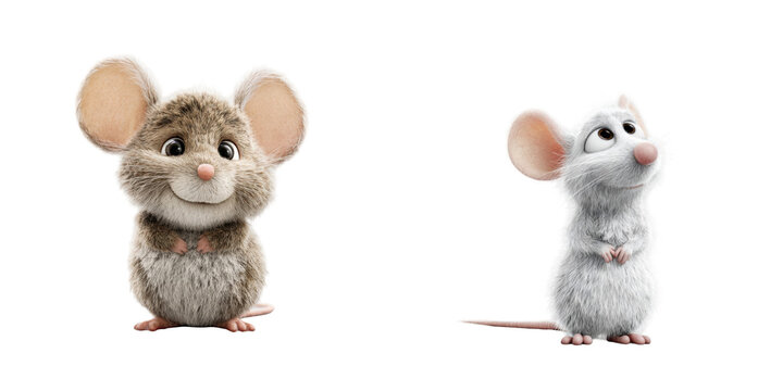 Two cartoon mice one brown and one white standing on a black background looking cute