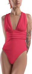 Mockup red one piece swimsuit on redhead girl, png, front view
