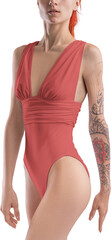 Mockup red one piece swimsuit on redhead girl, png, side view