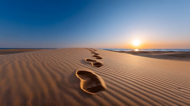 Serene desert landscape with footprints at sunset