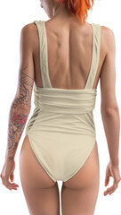 Mockup beige, tan, nude one piece swimsuit on redhead girl, png, back view