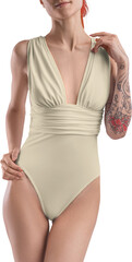 Mockup beige, tan, nude one piece swimsuit on redhead girl, png, front view