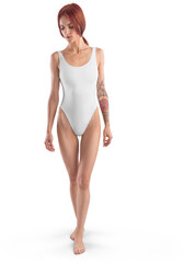 Mockup of white swimsuit one piece on redhead girl in full height, png, front view