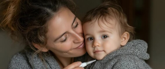 With gentle care and concern, a mother uses a thermometer to gently check her baby's temperature to make sure they are comfortable and healthy. - Powered by Adobe
